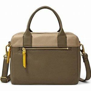 FOSSIL Erin Colourblocked Satchel Leather Khaki Beige Double Zip Carry Bag